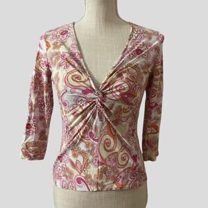 Y2K Paisley Print V Neck Twist Front Top PM